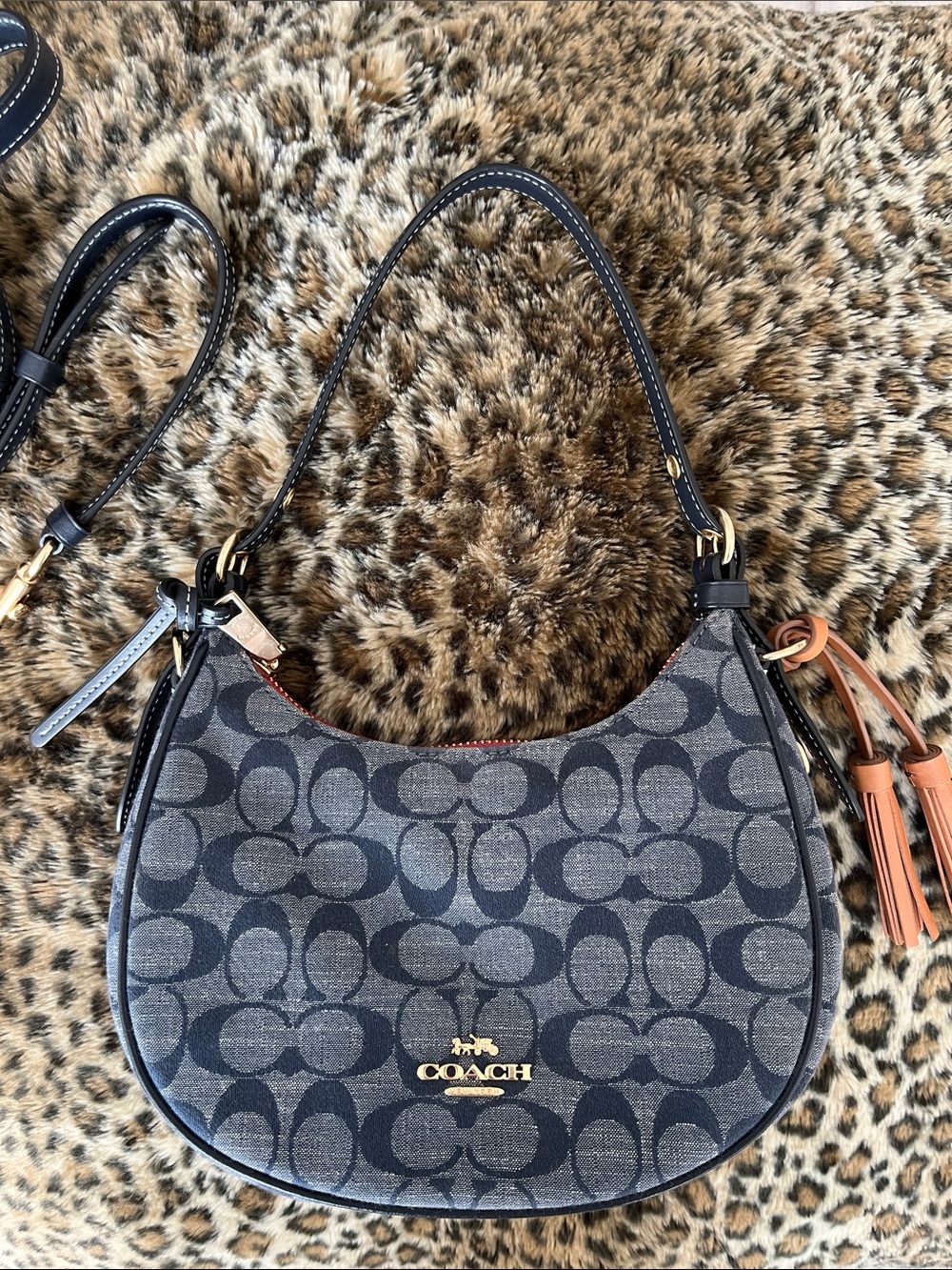 NWOT Coach Crescent Shoulder Bag in Denim Blue/Navy with Tan Tassel